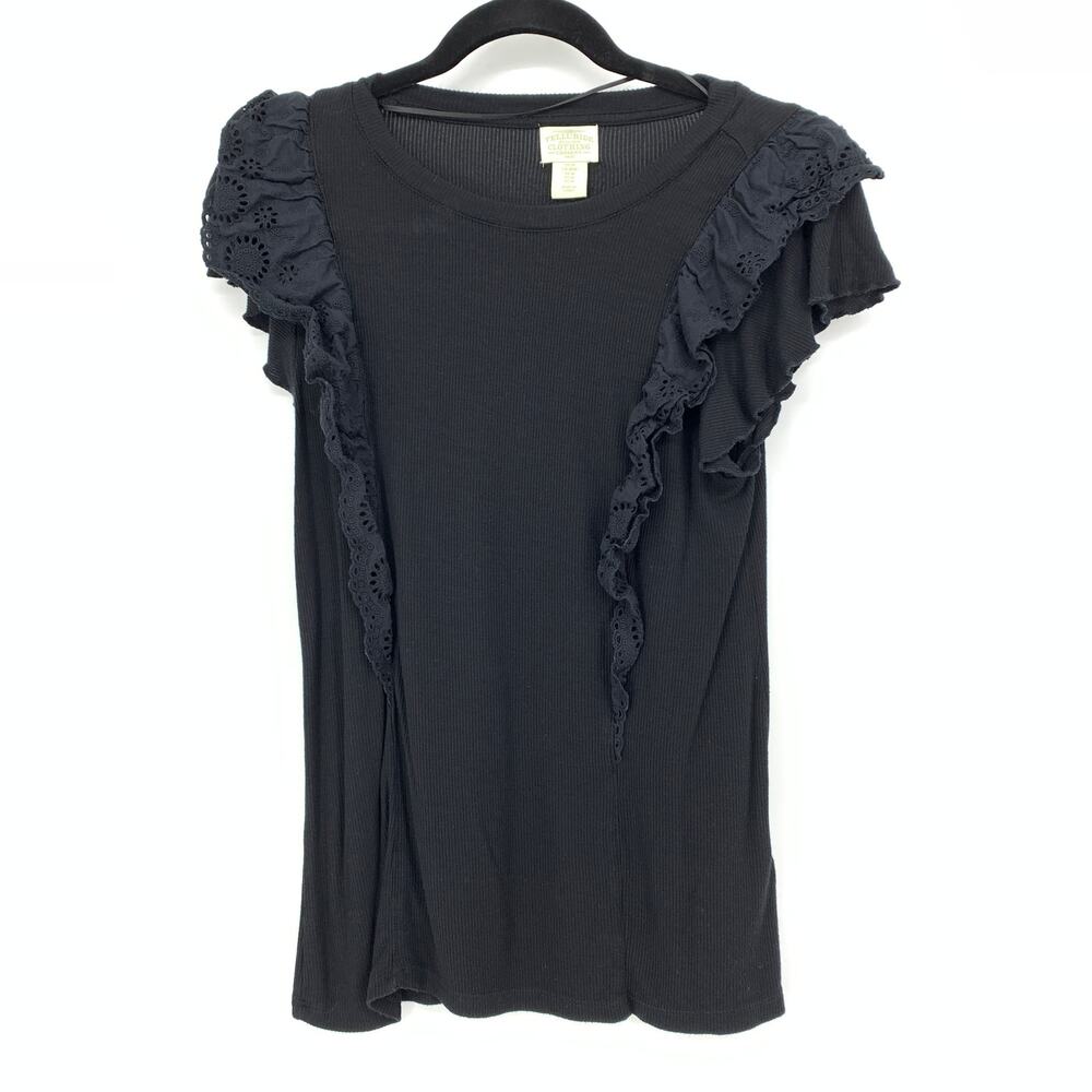 Telluride Clothing Company Ruffled Front Knit Shirt Womens Sz Medium Black